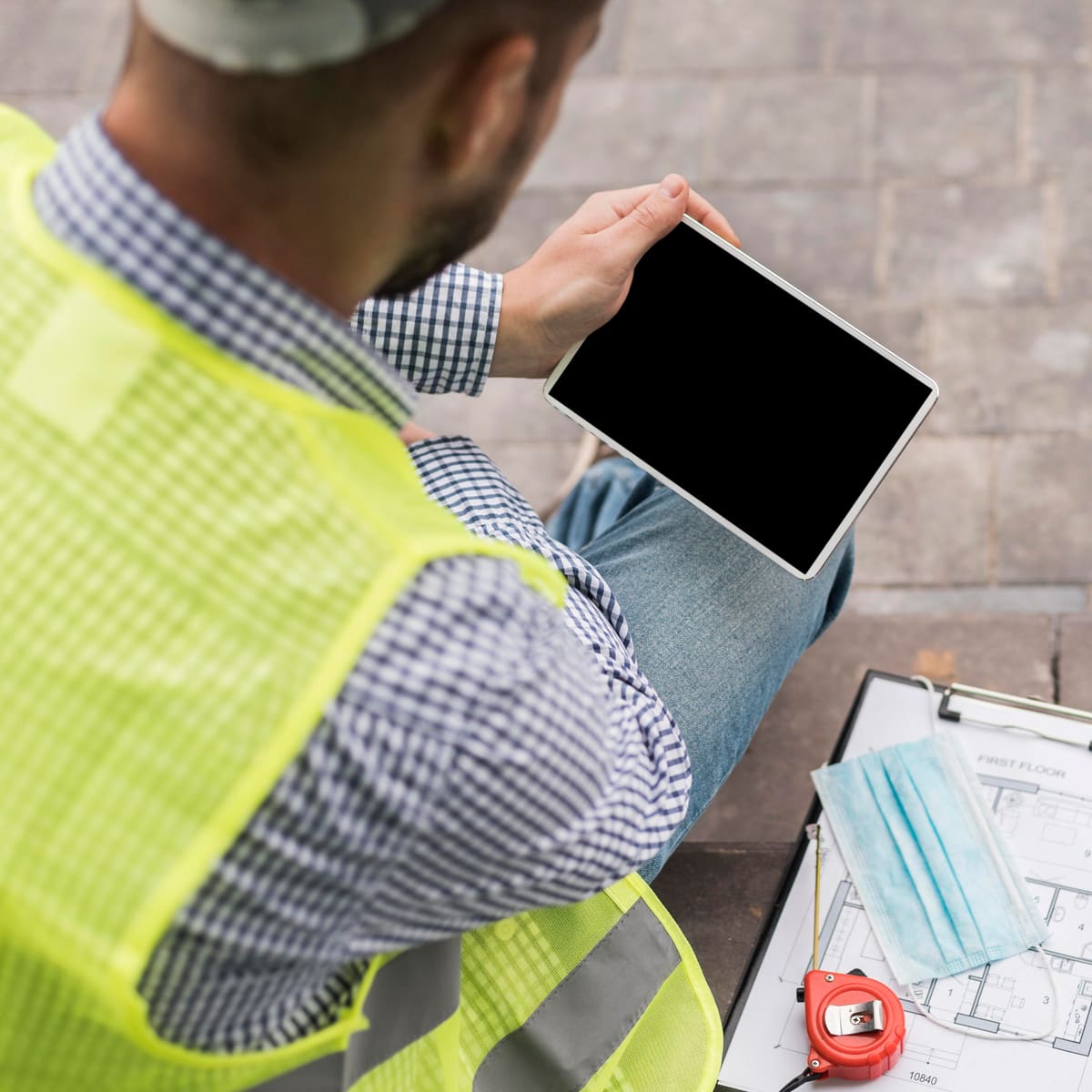 Mains annotant un plan d’architecte à côté d’un casque de chantier et d’une carte